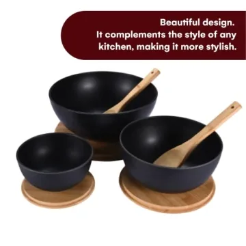 Bamboo Salad Bowls with Wooden Lids - Eco-Friendly Set of 3