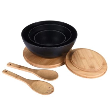 Bamboo Salad Bowls with Wooden Lids - Eco-Friendly Set of 3