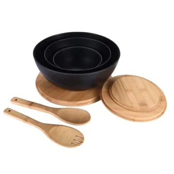 Bamboo Salad Bowls with Wooden Lids - Eco-Friendly Set of 3