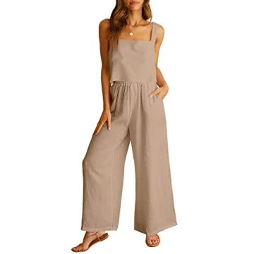 ANRABESS Women's Stylish 2 Piece Linen Pants Jumpsuit Lounge Set Casual Vacation Wear Khaki