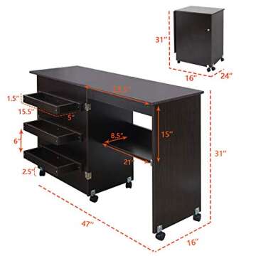 Usinso Folding Sewing Table Multifunctional Sewing Machine Cart Table Sewing Craft Cabinet Table with Storage Shelves Portable Rolling Sewing Desk Computer Desk with Lockable Casters (Dark Brown)