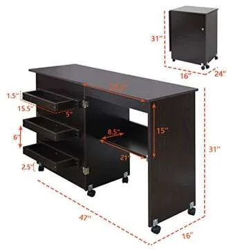 Usinso Folding Sewing Table Multifunctional Sewing Machine Cart Table Sewing Craft Cabinet Table with Storage Shelves Portable Rolling Sewing Desk Computer Desk with Lockable Casters (Dark Brown)