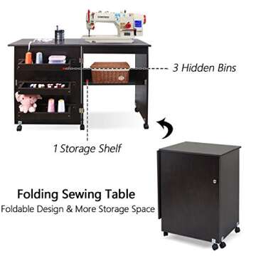 Usinso Folding Sewing Table Multifunctional Sewing Machine Cart Table Sewing Craft Cabinet Table with Storage Shelves Portable Rolling Sewing Desk Computer Desk with Lockable Casters (Dark Brown)