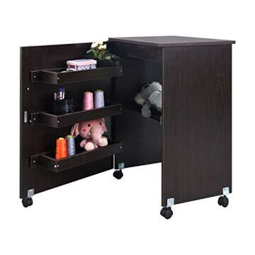 Usinso Folding Sewing Table Multifunctional Sewing Machine Cart Table Sewing Craft Cabinet Table with Storage Shelves Portable Rolling Sewing Desk Computer Desk with Lockable Casters (Dark Brown)