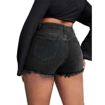 MapleHub Plus Size Denim Shorts Women High Waisted Ripped Folded Hem Jean Shorts