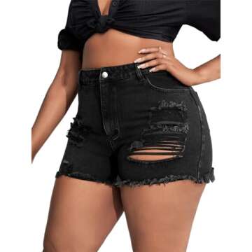 MapleHub Plus Size Denim Shorts Women High Waisted Ripped Folded Hem Jean Shorts