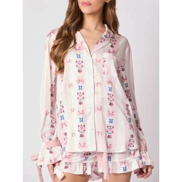 Alyweatry Women Christmas 2 Piece Pajama Set Cute Print Long Sleeve Button Down Shirt Elastic Shorts...