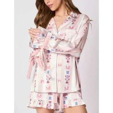 Alyweatry Women Christmas 2 Piece Pajama Set Cute Print Long Sleeve Button Down Shirt Elastic Shorts Holiday Sleepwear (Light Pink Nutcracker, S)