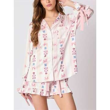 Alyweatry Women Christmas 2 Piece Pajama Set Cute Print Long Sleeve Button Down Shirt Elastic Shorts Holiday Sleepwear (Light Pink Nutcracker, S)