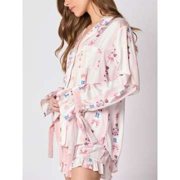 Alyweatry Women Christmas 2 Piece Pajama Set Cute Print Long Sleeve Button Down Shirt Elastic Shorts Holiday Sleepwear (Light Pink Nutcracker, S)