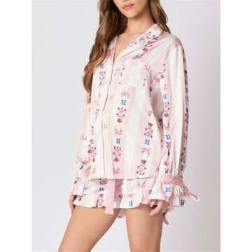 Alyweatry Women Christmas 2 Piece Pajama Set Cute Print Long Sleeve Button Down Shirt Elastic Shorts Holiday Sleepwear (Light Pink Nutcracker, S)