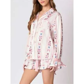 Alyweatry Women Christmas 2 Piece Pajama Set Cute Print Long Sleeve Button Down Shirt Elastic Shorts Holiday Sleepwear (Light Pink Nutcracker, S)