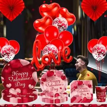 Valentine's Day Supplies Tableware Set Include Valentine's Day Plates, Napkins, Cups Straws for Valentine's Day Wedding Anniversary Decorations Serves 10