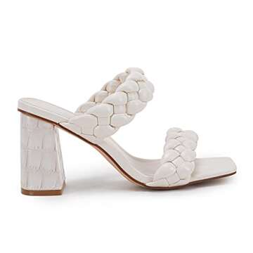 Syktkmx Womens Braided Heels Sandals Chunky Block Heel Double Strap Summer Dressy Sandal, White, Size 7