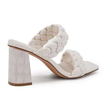 Syktkmx Womens Braided Heels Sandals Chunky Block Heel Double Strap Summer Dressy Sandal, White, Size 7