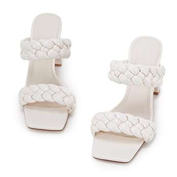 Syktkmx Womens Braided Heels Sandals Chunky Block Heel Double Strap Summer Dressy Sandal, White, Size 7
