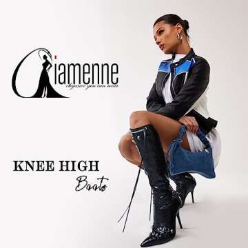 Oiamenne Knee High Boots for Women Fashion Slide Zipper Pointed Toe Stiletto Studded High Heel Rivet...