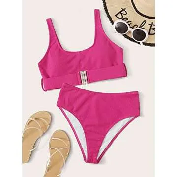 Floerns Women's High Waist Solid Bikini Buckle Front Two Piece Swimsuit Hot Pink S