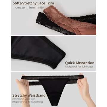TIICHOO Period Underwear for Women Sexy Lace Thong Period Panties Light Flow Leak Proof Underwear Pack of 6(Large,Black)
