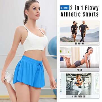 QooNoo 2 in 1 Athletic Shorts for Women Flowy Running Butterfly Shorts with Pockets High Elastic Gym Shorts Workout Tennis Skorts (Blue,X-Small)