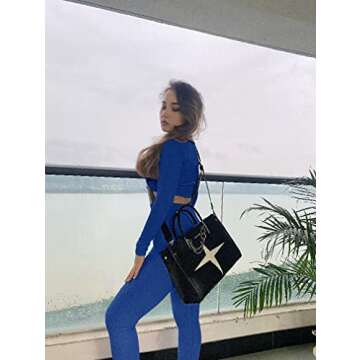 OQQ Women's Workout 2 Piece Ribbed Yoga Long Sleeve Crop Top High Waist Legging Exercise Set Outfit, Darkblue, Small