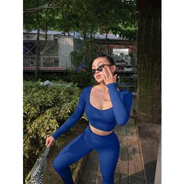 OQQ Women's Workout 2 Piece Ribbed Yoga Long Sleeve Crop Top High Waist Legging Exercise Set Outfit, Darkblue, Small