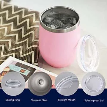 DOMICARE Stainless Steel Wine Tumbler Bulk with Lid, Personalized Insulated Tumblers Set, 12oz Travel Coffee Cups Pack of 4, Pink