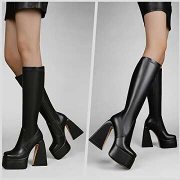 Goiphrri Womens Platform Knee High Boots Triangle Chunky Heel Side Zip Square Toe Punk Motorcycle Long Boots Combat Boots For Women