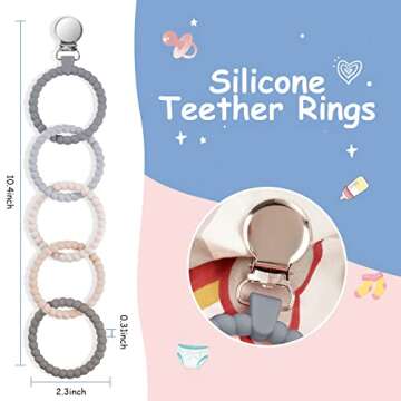 Ainiv Silicone Baby Teether Links, Cutie Baby Teething Toys with Pacifier Clip, Multi Use Baby Teether Rings, Food Grade Silicone Attachable Teether Chew for Newborn Infant Baby Gift, Color-3