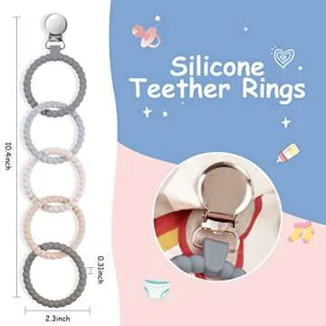 Ainiv Silicone Baby Teether Links, Cutie Baby Teething Toys with Pacifier Clip, Multi Use Baby Teether Rings, Food Grade Silicone Attachable Teether Chew for Newborn Infant Baby Gift, Color-3
