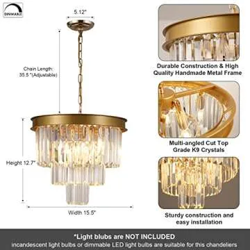 AXILIXI Gold Crystal Chandelier - Dimmable Ceiling Fixture