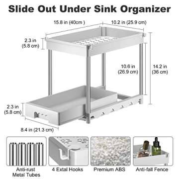 coorack Under Sink Organizers and Storage, 2 Tier Sliding Under Cabinet Storage Organizer for Bathroom Kitchen with Pull Out Drawer, Multi-Purpose Under Sink Shelf Organizer with Hooks
