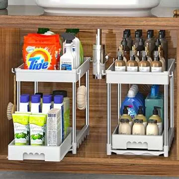 coorack Under Sink Organizers and Storage, 2 Tier Sliding Under Cabinet Storage Organizer for Bathroom Kitchen with Pull Out Drawer, Multi-Purpose Under Sink Shelf Organizer with Hooks