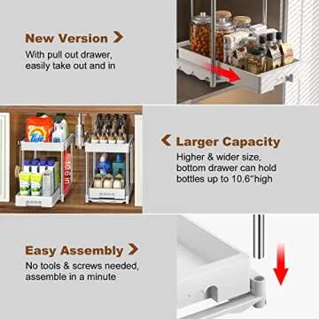 coorack Under Sink Organizers and Storage, 2 Tier Sliding Under Cabinet Storage Organizer for Bathroom Kitchen with Pull Out Drawer, Multi-Purpose Under Sink Shelf Organizer with Hooks