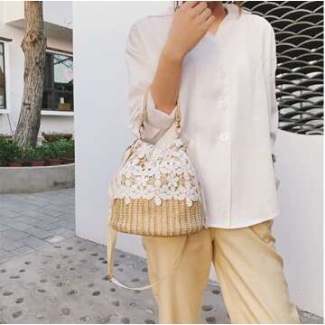Bamboo Handbag, Beach Purse Bag Half Moon Bag, Straw Lace Woven Travel Sling Bag Shoulder Crossbody ...