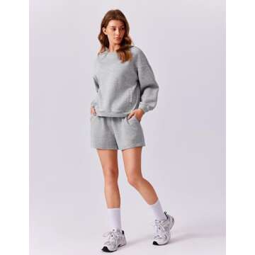 PINSPARK 2 Piece Short Sets for Women Long Sleeve Sweatshirt Matching Sets Crew Neck Sweat Suits 2024 Fall Travel, Light Grey Small