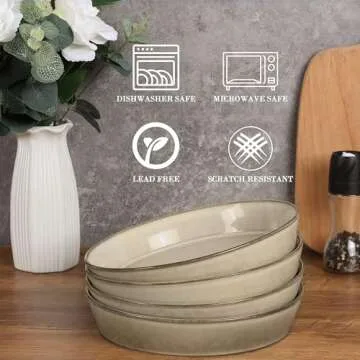 HaWare Pasta Bowls Set of 4, 34oz Salad Plates for Home Kitchen, Stackable Large Wide Ceramic Bowls for Serving Dinner, Microwave & Dishwasher Safe, Reactive Khaki