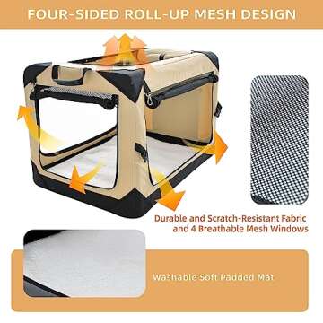Pettycare 20 Inch Collapsible Dog Crate for Small Dogs, 4-Door Foldable Soft Dog Kennel with Chew Proof Mesh Windows, Indoor & Outdoor Travel Dog Crate, Soft Side Dog Crate,Beige