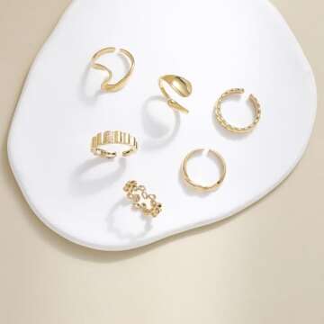 wgoud 6PCS Dome Chunky Gold Rings for Women, 14K Gold Plated Braided Twisted Stackable Signet Rings, Adjustable Open Ring Band Statement Jewelry Gift (6Pcs Gold Ring A)