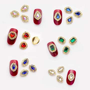 30ps Golden Flat-back Nail Art A/B Rhinestones Gems, Sparkling Big Glass Diamond for Nail Decoration, 4 Shapes Mixed Size 3D Heart Crystal Crafts Nail Accessories for DIY