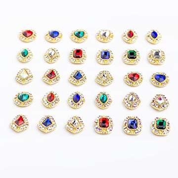 30ps Golden Flat-back Nail Art A/B Rhinestones Gems, Sparkling Big Glass Diamond for Nail Decoration, 4 Shapes Mixed Size 3D Heart Crystal Crafts Nail Accessories for DIY