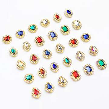 30ps Golden Flat-back Nail Art A/B Rhinestones Gems, Sparkling Big Glass Diamond for Nail Decoration, 4 Shapes Mixed Size 3D Heart Crystal Crafts Nail Accessories for DIY