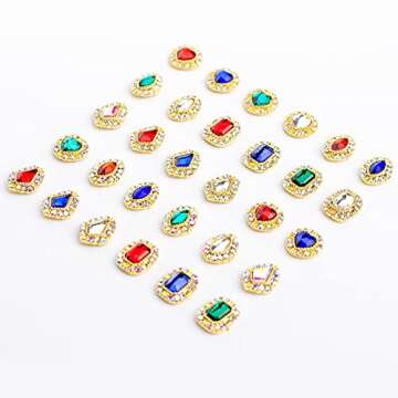 30ps Golden Flat-back Nail Art A/B Rhinestones Gems, Sparkling Big Glass Diamond for Nail Decoration, 4 Shapes Mixed Size 3D Heart Crystal Crafts Nail Accessories for DIY