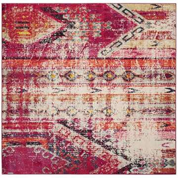 SAFAVIEH Monaco Collection 5' Square Magenta / Multi MNC222D Boho Chic Tribal Distressed Non-Shedding Living Room Bedroom Area Rug