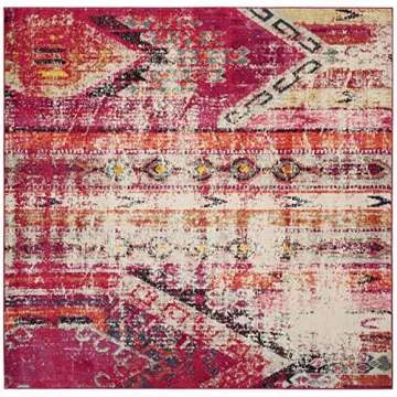 SAFAVIEH Monaco Collection 5' Square Magenta / Multi MNC222D Boho Chic Tribal Distressed Non-Shedding Living Room Bedroom Area Rug