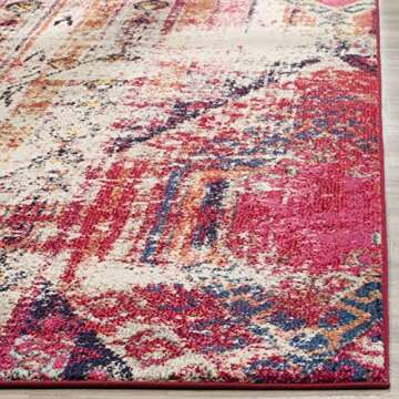 SAFAVIEH Monaco Collection 5' Square Magenta / Multi MNC222D Boho Chic Tribal Distressed Non-Shedding Living Room Bedroom Area Rug
