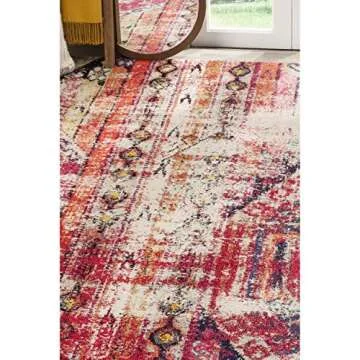 SAFAVIEH Monaco Collection 5' Square Magenta / Multi MNC222D Boho Chic Tribal Distressed Non-Shedding Living Room Bedroom Area Rug