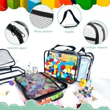 4 Packs PVC Toy Zippered Blocks, 13.3"x3" x10.4" Travel Storage Case Bags for Organizing, Waterproof Toy Storage Bags with Mesh Pockets for Building Blocks, Puzzles, Clays,Toy Cars.(Black).