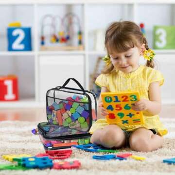 4 Packs PVC Toy Zippered Blocks, 13.3"x3" x10.4" Travel Storage Case Bags for Organizing, Waterproof Toy Storage Bags with Mesh Pockets for Building Blocks, Puzzles, Clays,Toy Cars.(Black).