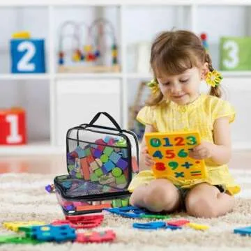 4 Packs PVC Toy Zippered Blocks, 13.3"x3" x10.4" Travel Storage Case Bags for Organizing, Waterproof Toy Storage Bags with Mesh Pockets for Building Blocks, Puzzles, Clays,Toy Cars.(Black).